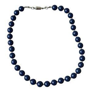 Vintage Navy Blue Bead Beaded Necklace Handmade 1980s 80s Beads